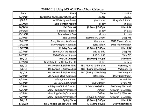2018-2019 UMS Choir Calendar 