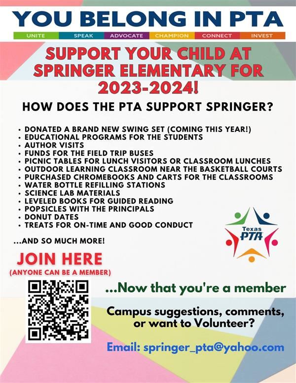  Join PTA. Email:  springer_pta@yahoo.com
